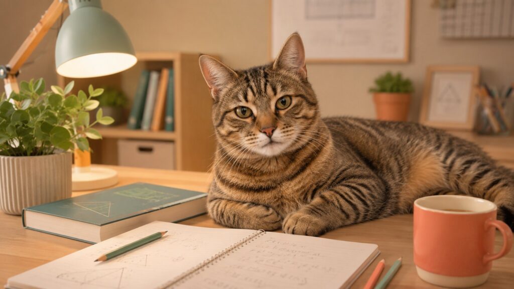Mika le chat à son bureau de professeur numérique