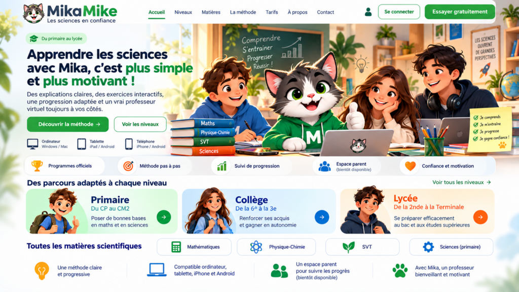 Mika et trois élèves apprennent ensemble autour d’un bureau, avec des livres de sciences et un tableau de progression MikaMike.